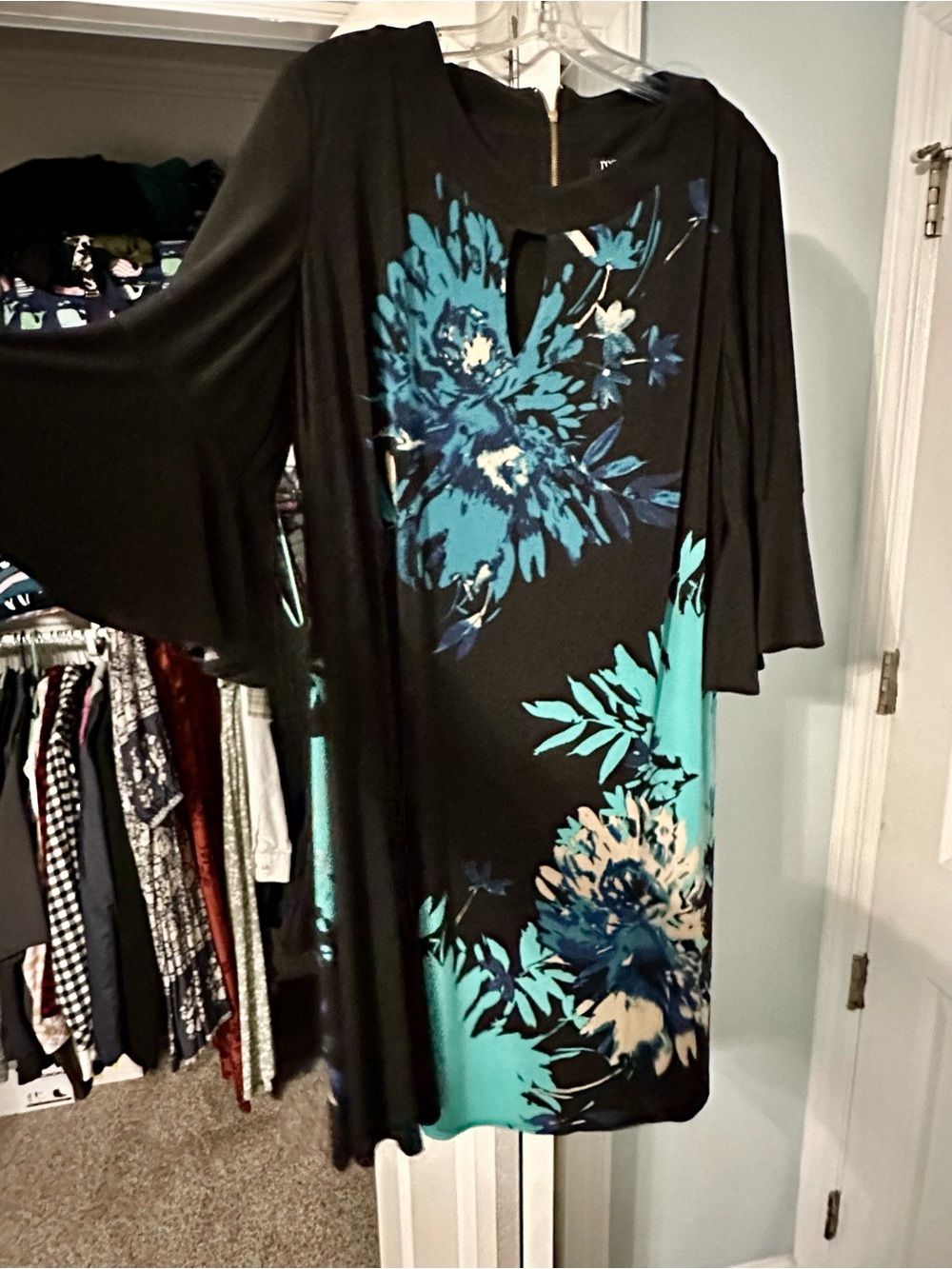 Roz & Ali Black Dress with Teal and Blue Floral Print